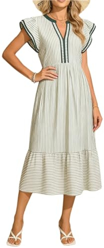Dam ledig V-ringad Gingham midja Empire midi-klänning för kvinnor - flytande randig midi-strandklänning, grön, XL
