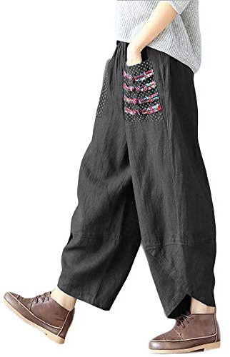 FTCayanz Damen Leinen Weite Hose Casual Patchwark Elastischer Bund Haremshosen Schwarz XXL