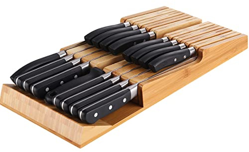NIUXX Bamboo In-Drawer Knife Block Set for 16 Knives(Not Included), Large Kitchen Detachable Washable Cutlery Slot Organizer Storage Holder for Sharpening Steel and Cutter