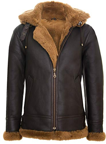 Infinity Leather Bomber con Cappuccio Marrone Chiaro da Uomo in Vera Pelle di Montone da Pilota Stile Aviatore B3 XL
