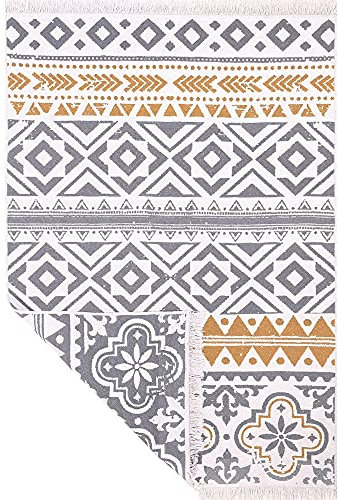 Fashion4Home Teppich Läufer - Tepiche für Wohnzimmer, Schlafzimmer, Küche, Kinderzimmer, Badezimmer - Boho Kelim - Läufer Flur, Ceramic-Hellgrau-Gold, Größe: 120x170 cm