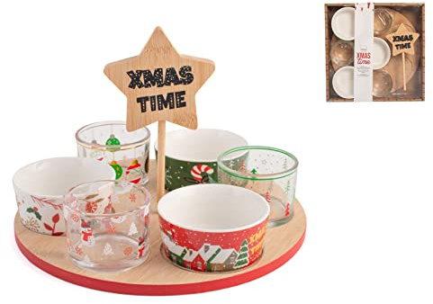 H&H Natale Set Antipastiera 6 Coppe, Porcellana e Vetro, Base Bambù, 25cm
