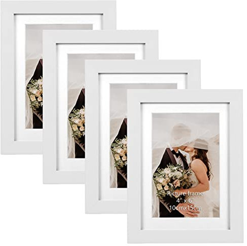 EXYGLO 4er Set Bilderrahmen 10x15 cm mit Passepartout oder 13x18 cm ohne Passepartout, Elegante Fotorahmen mit weißen Holzmaserungsrahmen, Wand- oder Tischaufsteller