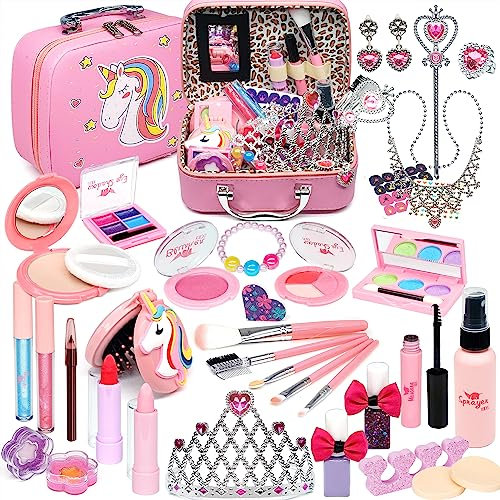 Amerrly 39PCS Kinderschminke Set Mädchen - Sicheres und Abwaschbares Schminkset für Mädchen, Make-up Spielzeug für Mädchen Kinder, Weihnachten, Geburtstag Geschenke für Mädchen 4-12 Jahre alt