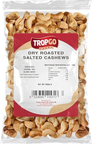 Tropgo Roasted Cashew Nuts 500g - Packed Fresh, Lightly Salted Cashews with Fibre, Protein and Minerals, Perfect for Snacking - Kosher Approved Cashews - Bulk Buy Nuts