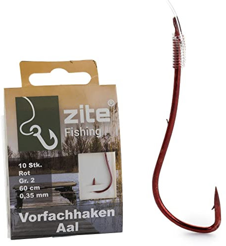 Zite Fishing Aal-Haken Gebunden 10 Stück – Monofile Vorfachschnur Aal-Angeln mit Angelhaken Rot Gr.1-2 – Angelschnur mit Angelhaken (Größe 2)
