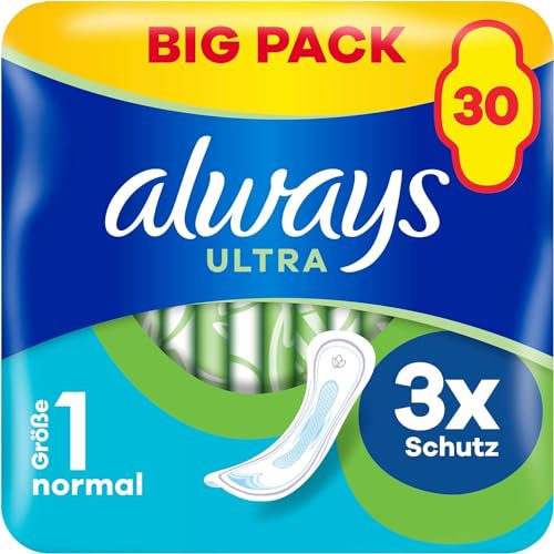 Always Ultra Binden Damen Gr. 1, Normal (30 Damenbinden) Big Pack, dünn und super saugfähig, geruchsneutralisierend und Auslaufschutz