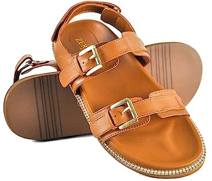 Zerimar Sandalias Verano Mujer | Sandalias Cuero | Sandalias Elegantes | Sandalias Casuales Piel Natural |Sandalia con doble hebilla y adhesivo para mujer | Color Tan | Talla 39