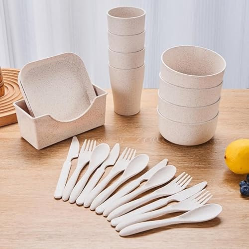 OriGlam 25pcs Plates and Bowls Sets Dinnerware Sets, Plastic Picnic Party Camping Dinner Sets Dishes Set, Plates Mugs Bowls Dishes Cutlery Set Microwave Safe (Beige)