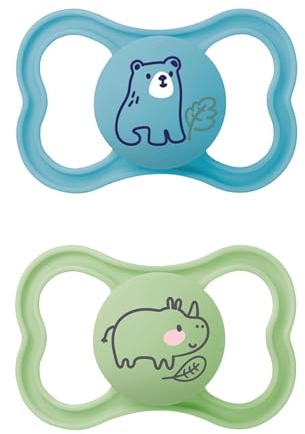 MAM Air Silikonnapp i set om 2, extra lätt och luftig skölddesign, tandvänlig babynapp gjord av speciell MAM SkinSoft silikon med napplåda, 6–16 månader, björn/noshörning