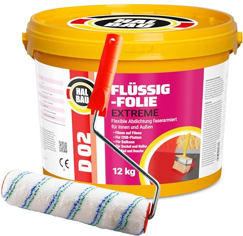 Flytande folie 12 kg för inomhus- och utomhusbruk, fiberförstärkt högelastisk tätning, vattenbarriär under kakel, balkong, dusch + färgroller 25 cm med bygel, halvbyggnadsset D02
