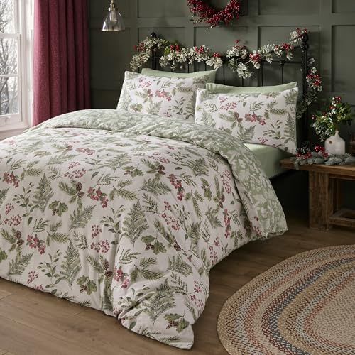 Dreams & Drapes - Holly & Red Berries Duvet Cover - Super King Size (260 x 220cm) - Reversible (2 Colours) - 100% Cotton - Christmas Sprigs & Fern Pattern
