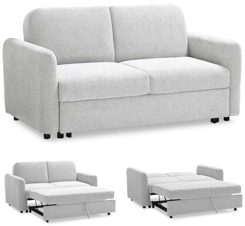 EVERGREENWEB Divano Letto 2 Posti Matrimoniale L165xP90xA80 cm, Morbido Tessuto Bianco, Schienale Reclinabile a Doppio Cuscino, Sofà con Chaise Longue Estraibile, Struttura Rinforzata Pieghevole NELLY