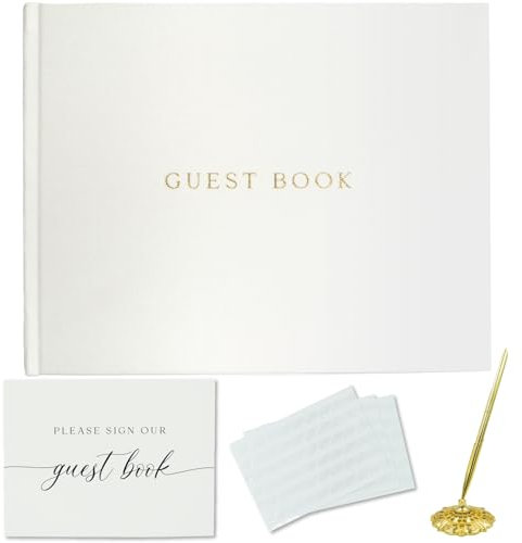 Gooji Linen Wedding Guest Book Wedding Reception Guestbook to Sign in and Add Polaroid Photos or Baby Shower Includes Sign Card, Signing Pen, Photo Corners (Ivory) 7x9, 100 Pages, Gold Foil, Lined