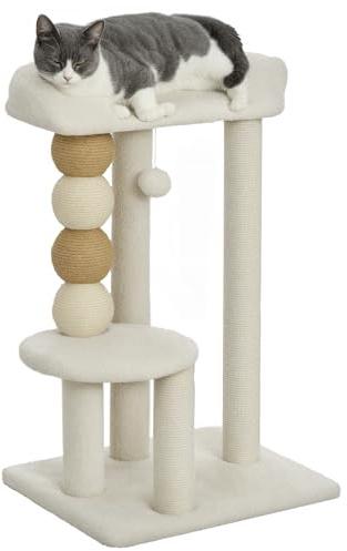 PawHut Árbol Rascador para Gatos, Árbol para Gatos 76 cm, Torre Escalador con Cama, Plataforma de Salto, Postes de Yute y Bolas de Juguete, Beige