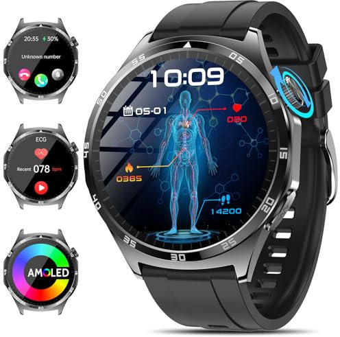 2025 Neu Smartwatch Herren mit EKG/ΒΙυτｚυcker/Harnsäure/BMI 38mm 1,43 AMOLED, Fitness Gesundheitsuhr mit 24/7 Herzfrequenz Blutdruck SPO2, Schlaf/Apnoe-Monitor Bluetooth-Anrufe SOS-Notruf, Schwarz