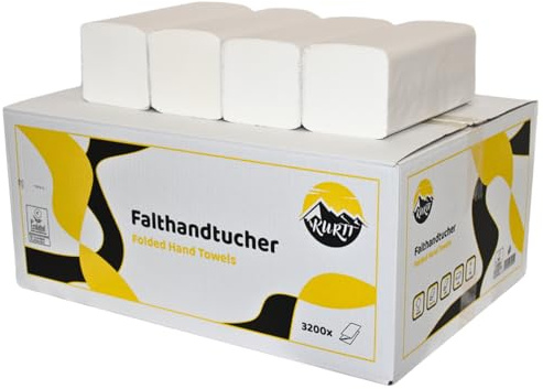 KURTT Papierhandtücher für Spender (zellulose tücher) | 2-lagig, 24 x 21 cm | 3.200 Blatt | ZZ/V-Falz geeignet für Handtuchspender in Toiletten, Büros, Praxen und Studios