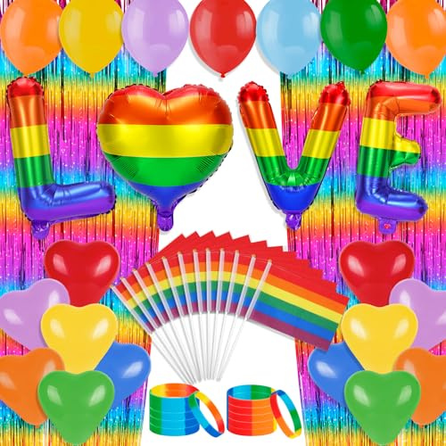 HOWAF Gay Pride Accessories, Pride Flag LGBTQ Flagge Gay Flag Regenbogenfahne Luftballons Regenbogen Luftballons Regenbogen Armband pride Armband Silikonarmband Lametta Vorhang, LGBTQ Accessoires Deko