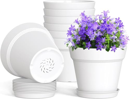 LATERN 10 Piezas Macetas de Plástico, 15CM Maceta Gruesa para Plantas Macetero para Vivero con Control de Raíces con Orificio de Drenaje y Plato para Plantas Flores Hierbas Suculentas Cactus (Blanco)
