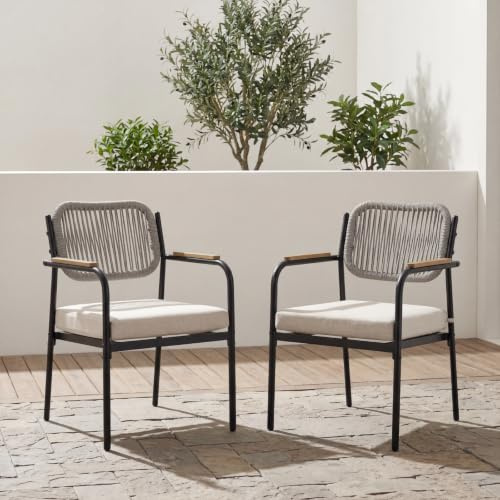 Ya-Home Chaise Jardin Exterieur, 2PCS Fauteuil Jardin, Corde Tressée, Beige | Pied Métallique Noir, Style Moderne, Dossier en Corde Tressée, Coussin Rembourré, pour Terrasse, Balcon, Cour