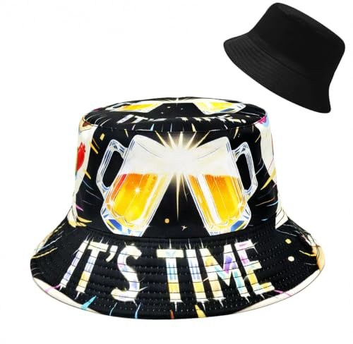 IT'S TIME Bucket Hat, Fun Beer Summer Fisherman Hat, Reversible Double Side | Canvas Material, Festival Accessories, Suitable for Women Men Birthday Party Outdoor Sun Sports Fishing