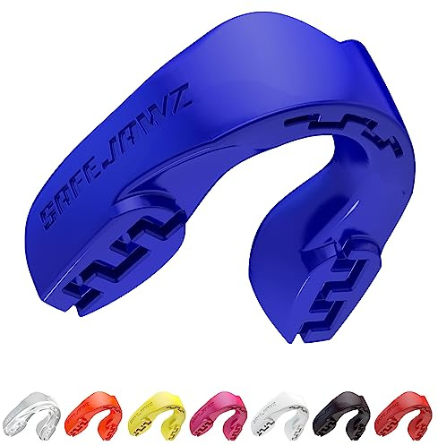 SAFEJAWZ Protector bucal adultos y niños para todos los deportes de contacto, incluidos rugby, MMA, artes marciales de kickboxing, judo, hockey y boxeo (Adulto (12+ Años), Azul)