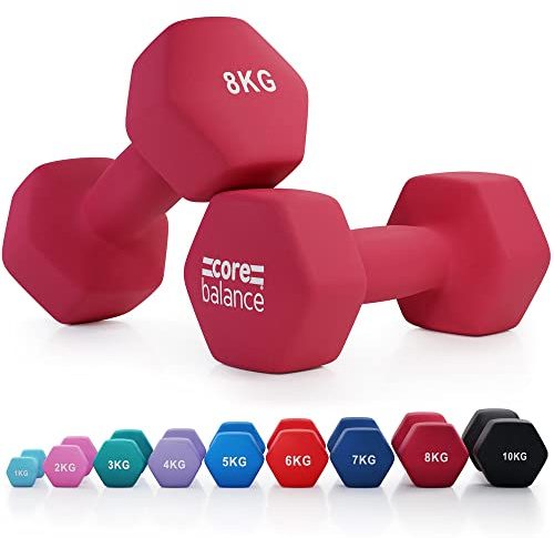 Core Balance 8kg Dumbbell Pair Hex Weight Neoprene Coated Cast Iron Strength Training (Crimson)