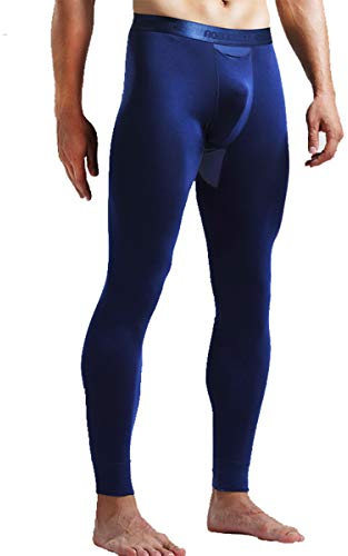 Ouruikia sous-vêtements Thermique Pantalon Homme Chauffant Base Layer Leggings avec Poches Séparés Caleçon Long, Bleu, M