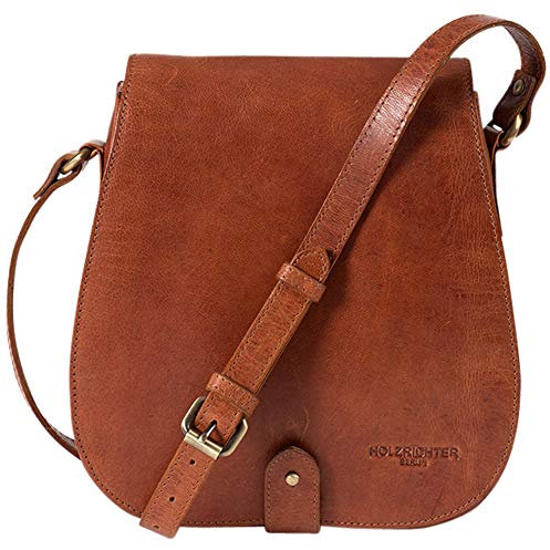 HOLZRICHTER Berlin - Kleine Umhängetasche aus Leder für Damen (No 5-1), 24x23x5 cm Schultertasche, Echtleder Crossbody Bag, Hobo Vintage Handtasche in Cognac-Braun