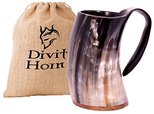 Divit - Taza de cuerno vikingo, auténtica jarra medieval de cuerno de cerveza, taza de cuerno de cerveza de 24 onzas de capacidad/Stein. (grande natural (1 l), pulido)