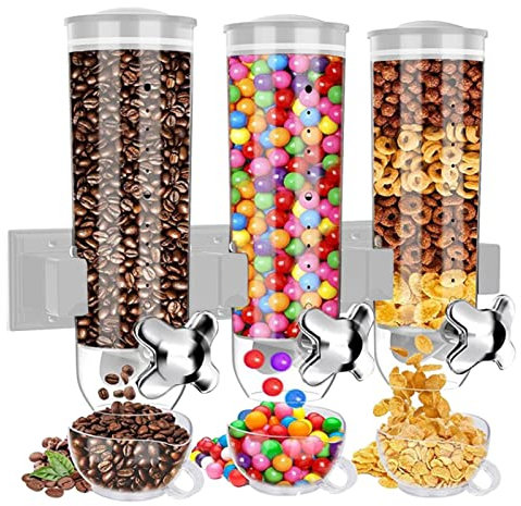 CHAODI Food Dispenser - Wall Mounted Cereal Dispenser with Three Chambers, Triple Canister for Storing Candy, Airtight, Clear Container with 3 Cups