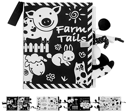 Pinenuts High Contrast Baby Book, Black and White Baby Book with 3D Animal Tails Crinkle Sensory Touch and Feel Book Soft Baby Books Baby Books Toys Baby Sensory Toys 0-3 Years