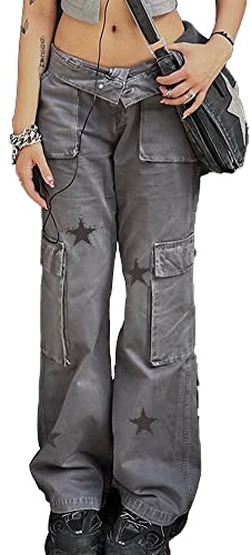 DINGJIUYAN Women Jeans Cargo Pocket Patchwork High Waist Wide Leg Denim Pants Casual Streetwear