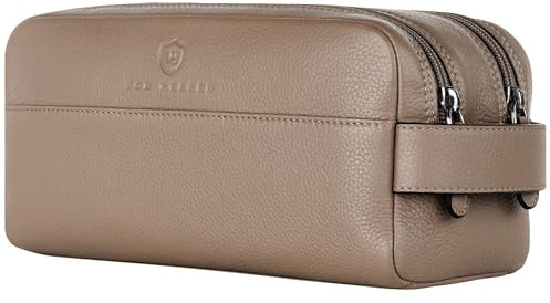 VON HEESEN Kulturbeutel Leder Kulturtasche für Herren & Damen - Echtleder Necessaire ideal zum Reisen - Waschtasche und Kosmetiktasche mit Zwei Hauptfächern Taupe, groß
