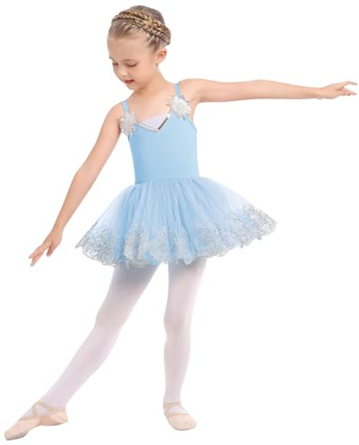 Odizli Vestido de ballet para niñas con tiras de espagueti y escote en V con lentejuelas y flores, vestido de baile, azul, 3-4 años