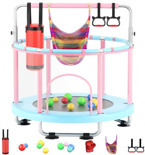 FitinOne 140cm Kindertrampolin, Indoor und Outdoor-Spielzeug mit Schaukel, bis 200 kg belastbar, Trampolin für Kinder mit Turnstange – Geburtstagsgeschenk für Jungen und Mädchen von 1 bis 8 Jahren