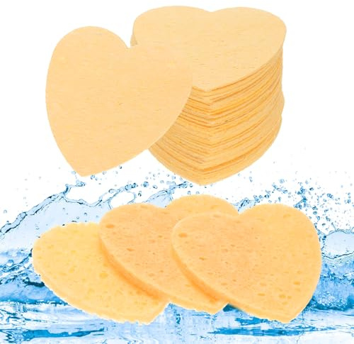 QUARKZMAN 60 Unidad Esponjas Faciales Comprimidas en Forma de Corazón Esponjas de Limpieza Facial Almohadillas para Rutinas de Cuidado de la Piel Diarias en casa, Cocina, Viajes, Naranja