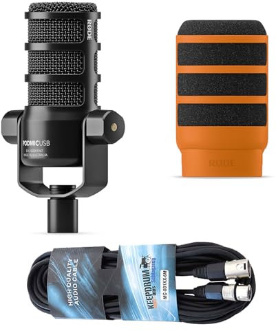 Rode - Micrófono Podmic USB con WS14O Popschutz naranja y cable keepdrum XLR