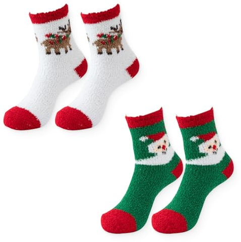 JEYORZY Chaussettes de Noël - 2 paires pour femmes et filles, Motif 3D de Père Noël, parfaites pour les vacances, Chaudes et épaisses pour la maison, Colorées et festives