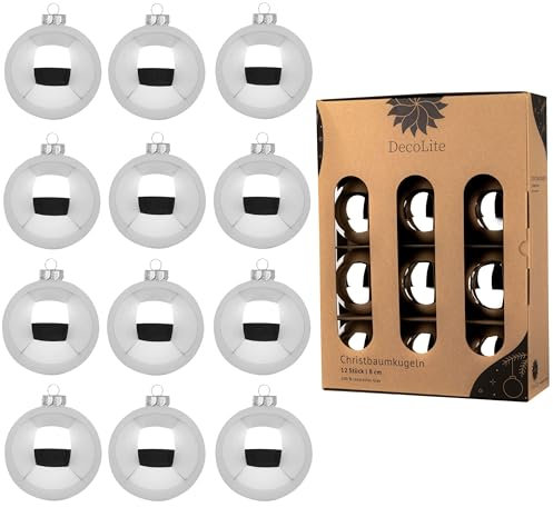 Weihnachtskugeln Glas 8 cm Ø - 12er Set inkl. Aufhänger | Hochwertige Christbaumkugeln für Weihnachtsbaum | Stilvolle Weihnachtsdeko in Kartonbox | Kugeln -Silber - glänzend