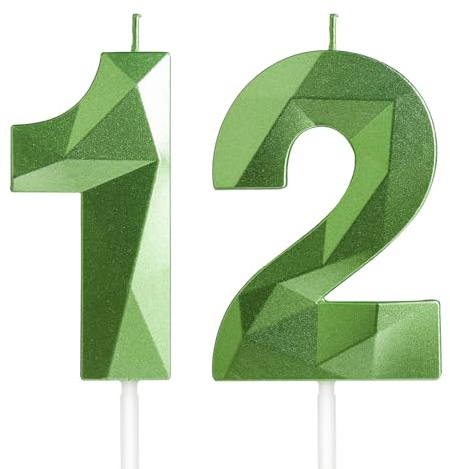 Yiran 12th Birthday Candles, Green Number 12 Candle for Cake, Happy Birthday Candles, Green Cake Topper Decorations for Birthday Party Baby Shower Wedding Anniversary