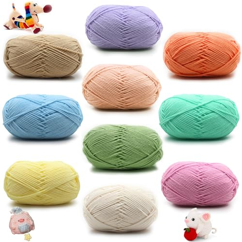 Filo per Uncinetto, 10 Pezzi Cotone per Uncinetto, 50g Filato per Maglieria a Mano Filato di Cotone, con Filato di Latte, per Morbido, 10 Colori