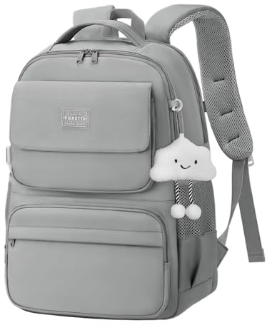 FIORETTO 25L School Bag for Girls & Teens, Womens Backpack Rucksack with Organized Pockets, Trolley Strap & Chest Buckle, Fits 15.6 Laptop, Ideal for School, Travel & Daily Use Grey