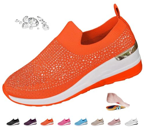 Sneakers da donna con zeppa scintillanti con strass e diamanti, alla moda, traspiranti, sneakers casual con zeppa slip-on, sneakers con platform scintillanti, Arancione, 0 UK Wide