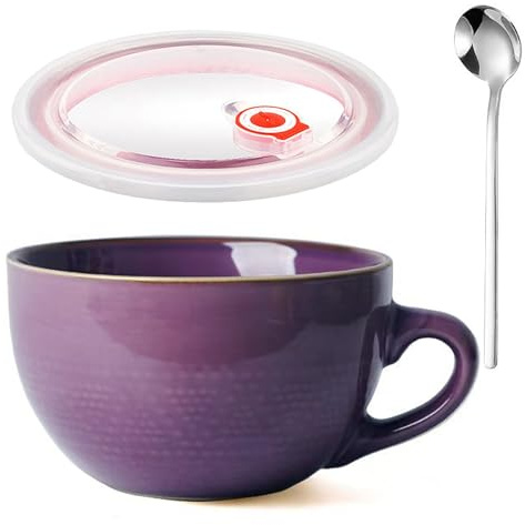 Aarcyye Tazza da Caffè Grande, 700 ml Ciotola di Pasta, Riutilizzabile Tazza Grande in Ceramica, Ciotola per Yogurt, Ciotola da Zuppa in Ceramica Con Coperchio e Cucchiaio, Per Picnic(Viola)