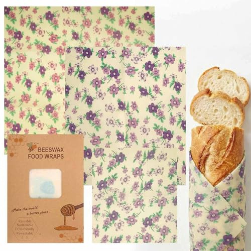Beeswax Wraps for Food, Purple Flowers 3 Pack (S, M, L) Reusable Food Wraps, Bread Sandwich Wrap, Zero Waste, Organic, Plastic-Free Food Storage Wrap