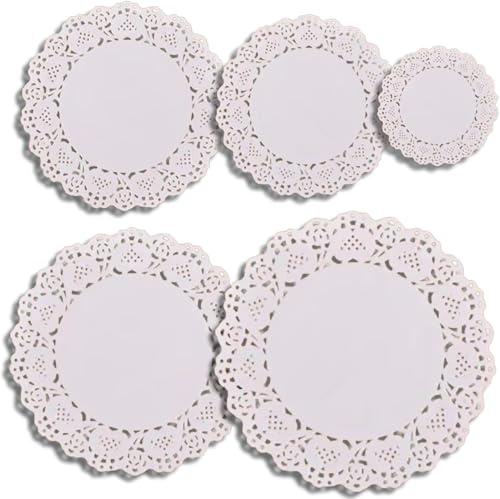 BetterJonny 250 Pièces Napperon Papier Napperon Dentelle de Différentes Tailles Gâteau d'emballage Tapis de Papier pour Gâteau, Décorations de Mariage et Emballages(4.5″/5.5″/6.5″/7.5″/8.5″)