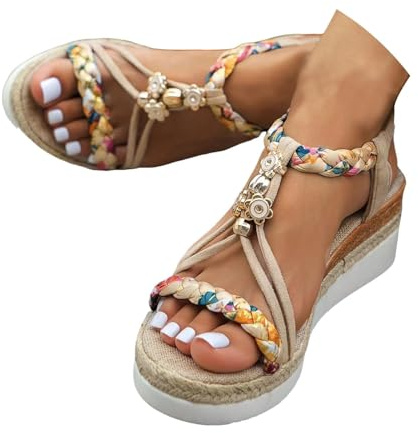 Khaki Wedges For Women uk,bohemian Orthopedic Wedge Sandals Wide Width Casual Platform Sandal Comfortable Walking Open Toe Slip On Ankle Strap Dressy Summer Woven Strappy Sandal