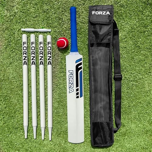 FORZA Set da cricket in legno – Mazza da cricket in salice in cashmere e palla da tennis, kit completo per cricket da giardino junior con ceppi, cauzione e borsa per il trasporto resistente, set di