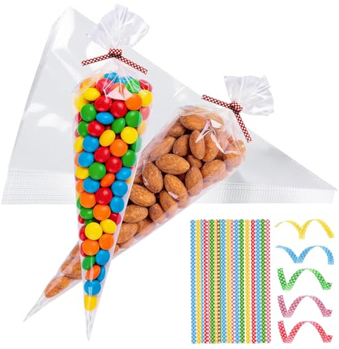 100 Stück Süßigkeiten Tüten, 25x15cm Spitztüten Cellophantüten mit 100 Twist Ties, Kleine Transparent Cone Bags für Süßigkeiten Kekstüten Schokolade